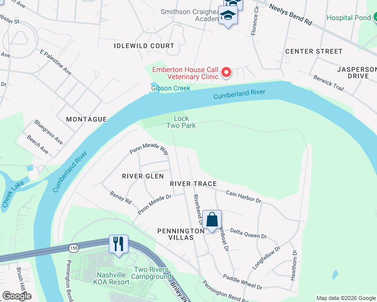 map of restaurants, bars, coffee shops, grocery stores, and more near 2960 Riverbend Drive in Nashville