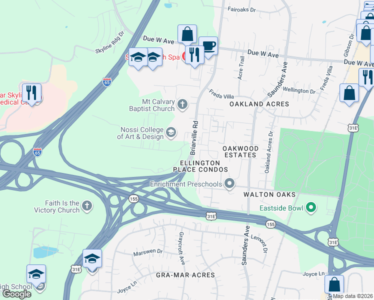 map of restaurants, bars, coffee shops, grocery stores, and more near 1320 Briarville Road in Nashville