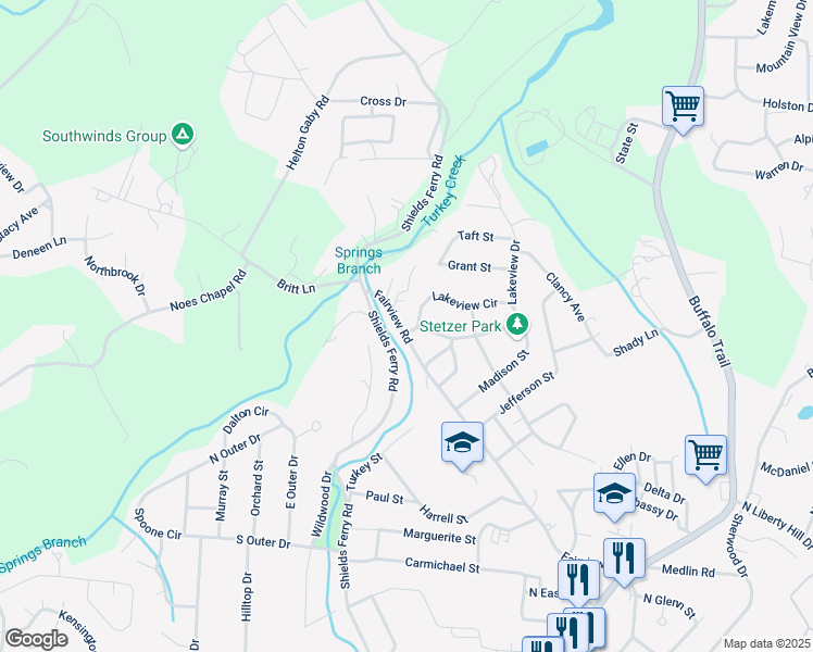 map of restaurants, bars, coffee shops, grocery stores, and more near 2143 Shields Ferry Road in Morristown