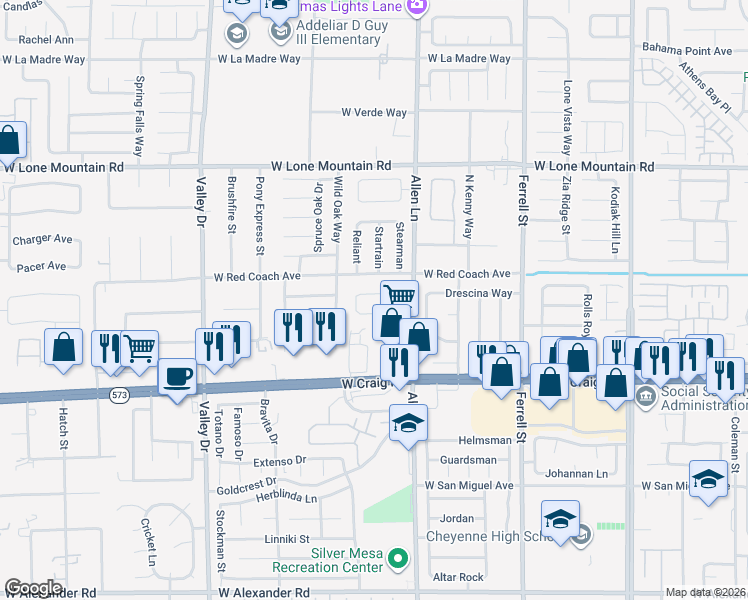 map of restaurants, bars, coffee shops, grocery stores, and more near 3817 Dauntless in North Las Vegas