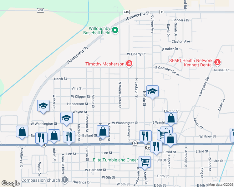 map of restaurants, bars, coffee shops, grocery stores, and more near 504 N Vandeventer St in Kennett