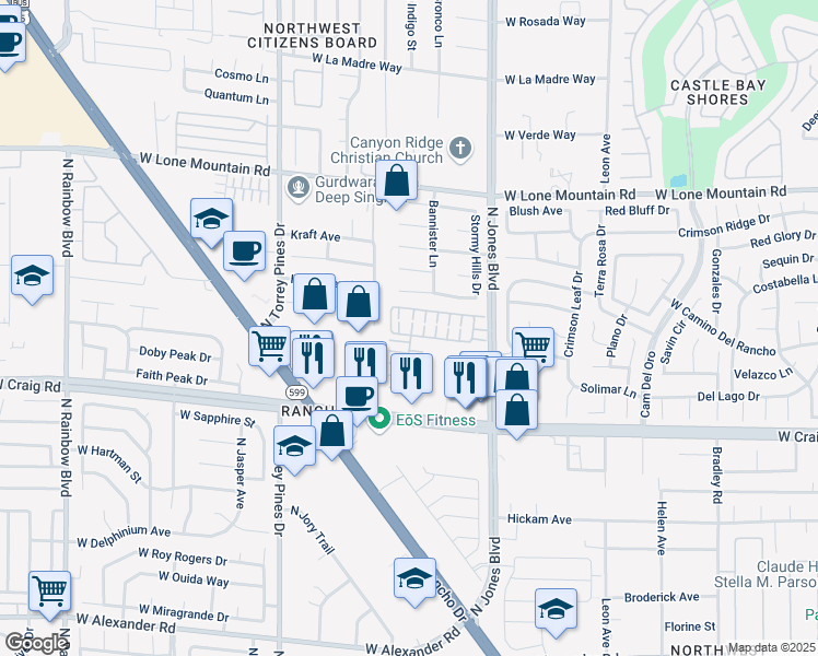 map of restaurants, bars, coffee shops, grocery stores, and more near 6125 Mission Gorge Court in Las Vegas