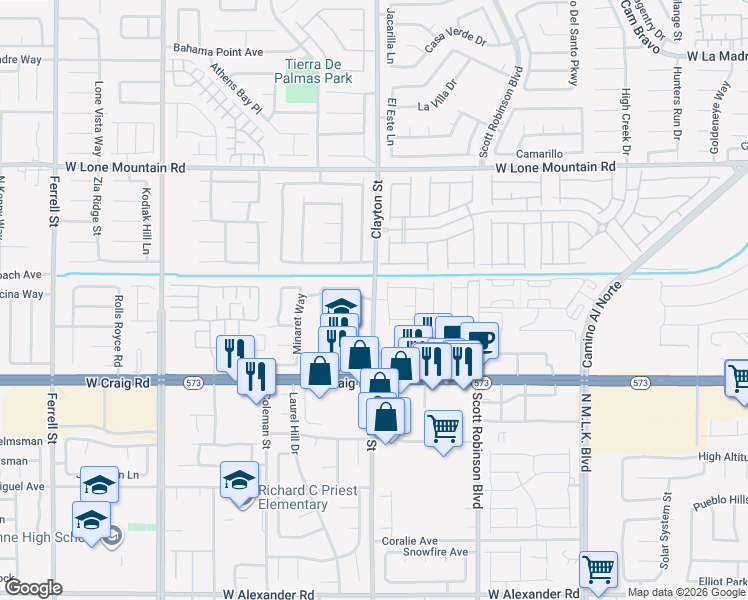 map of restaurants, bars, coffee shops, grocery stores, and more near 4600 Clayton Street in North Las Vegas