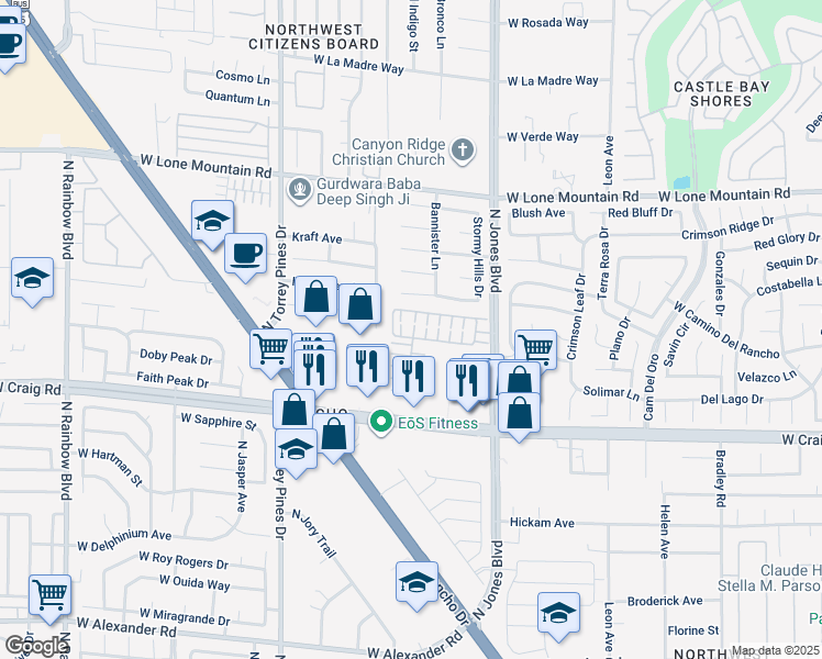 map of restaurants, bars, coffee shops, grocery stores, and more near 6125 Mission Gorge Court in Las Vegas