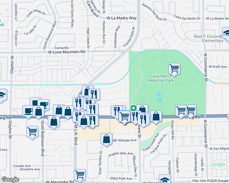 map of restaurants, bars, coffee shops, grocery stores, and more near 4646 Camino Al Norte in North Las Vegas