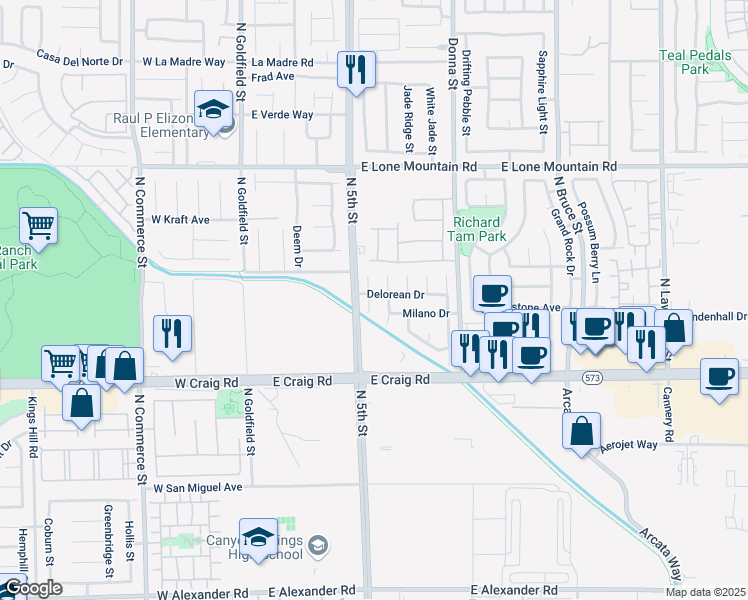 map of restaurants, bars, coffee shops, grocery stores, and more near 525 Delorean Drive in North Las Vegas