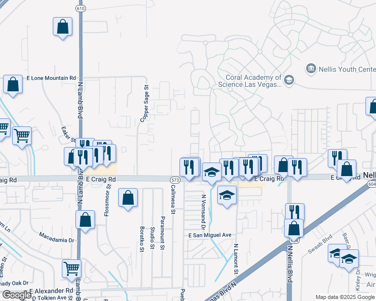 map of restaurants, bars, coffee shops, grocery stores, and more near 4730 East Craig Road in Las Vegas