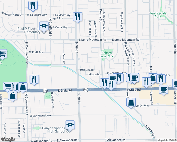 map of restaurants, bars, coffee shops, grocery stores, and more near 635 Delorean Drive in North Las Vegas
