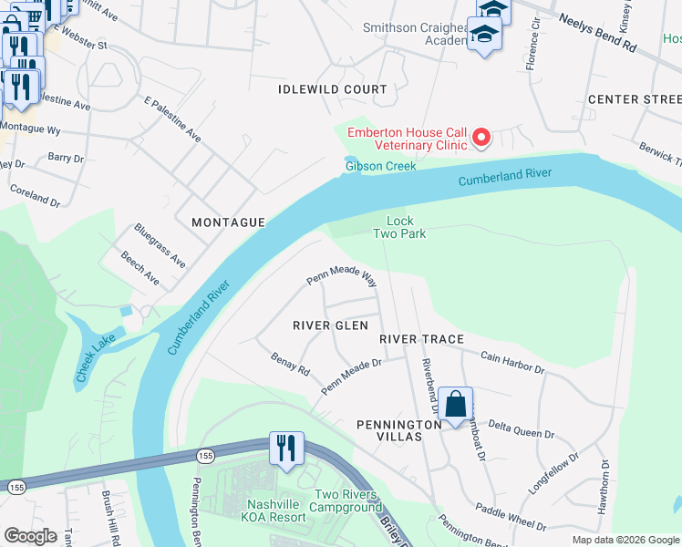 map of restaurants, bars, coffee shops, grocery stores, and more near 3144 Penn Meade Way in Nashville