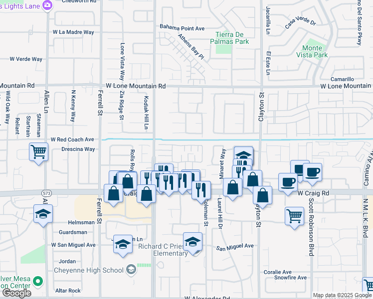 map of restaurants, bars, coffee shops, grocery stores, and more near 4566 Mansart Court in North Las Vegas
