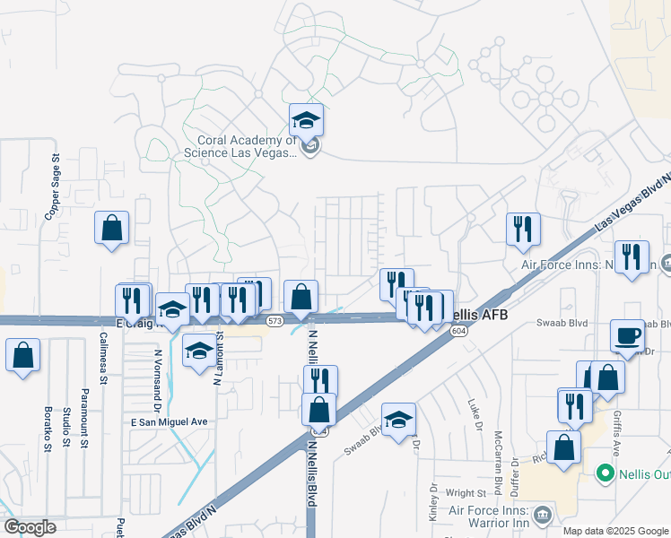 map of restaurants, bars, coffee shops, grocery stores, and more near 4505 Pencester Street in Las Vegas