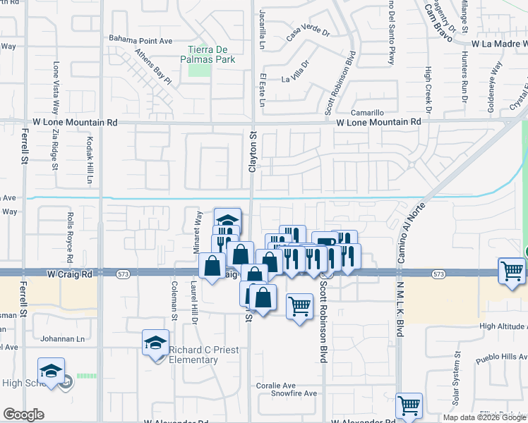 map of restaurants, bars, coffee shops, grocery stores, and more near 4600-4698 Clayton Street in North Las Vegas