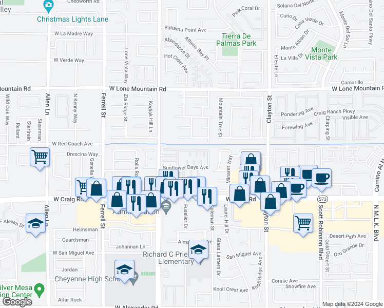 map of restaurants, bars, coffee shops, grocery stores, and more near 2604 Rainy Meadows Avenue in North Las Vegas