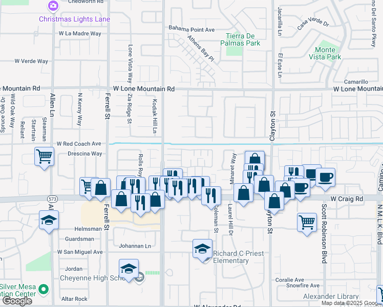 map of restaurants, bars, coffee shops, grocery stores, and more near 2604 Rainy Meadows Avenue in North Las Vegas