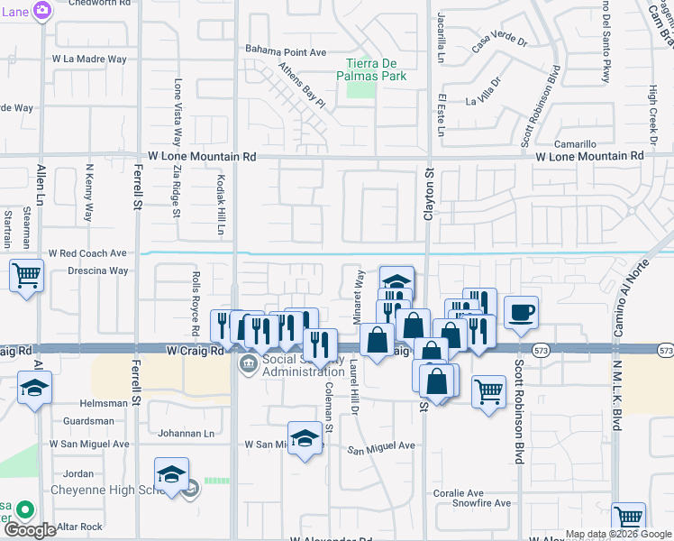 map of restaurants, bars, coffee shops, grocery stores, and more near 4539 Powell Point Way in North Las Vegas