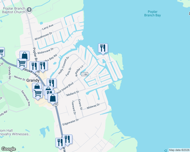 map of restaurants, bars, coffee shops, grocery stores, and more near 149 Shell Dr in Grandy