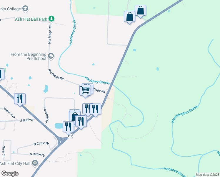 map of restaurants, bars, coffee shops, grocery stores, and more near 295 T and C Boulevard in Ash Flat