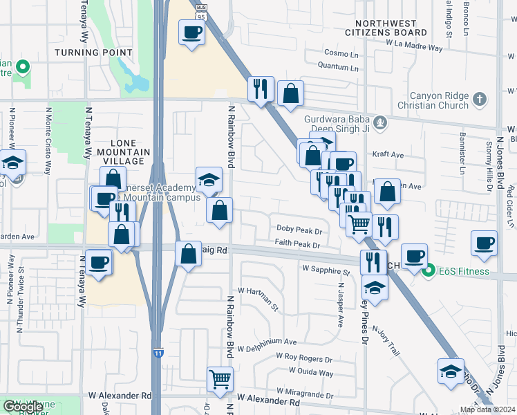 map of restaurants, bars, coffee shops, grocery stores, and more near 6608 Wheelbarrow Peak Drive in Las Vegas