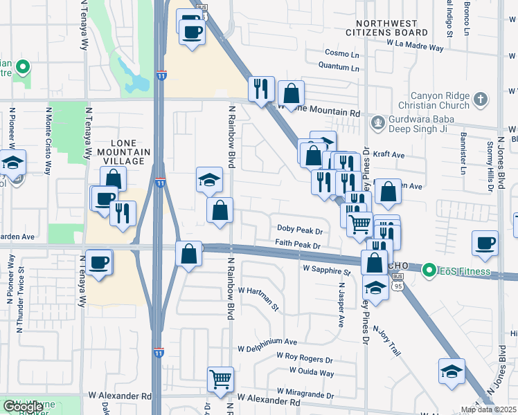 map of restaurants, bars, coffee shops, grocery stores, and more near 6608 Wheelbarrow Peak Drive in Las Vegas