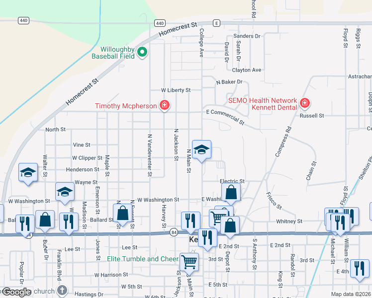 map of restaurants, bars, coffee shops, grocery stores, and more near 613 North Main Street in Kennett