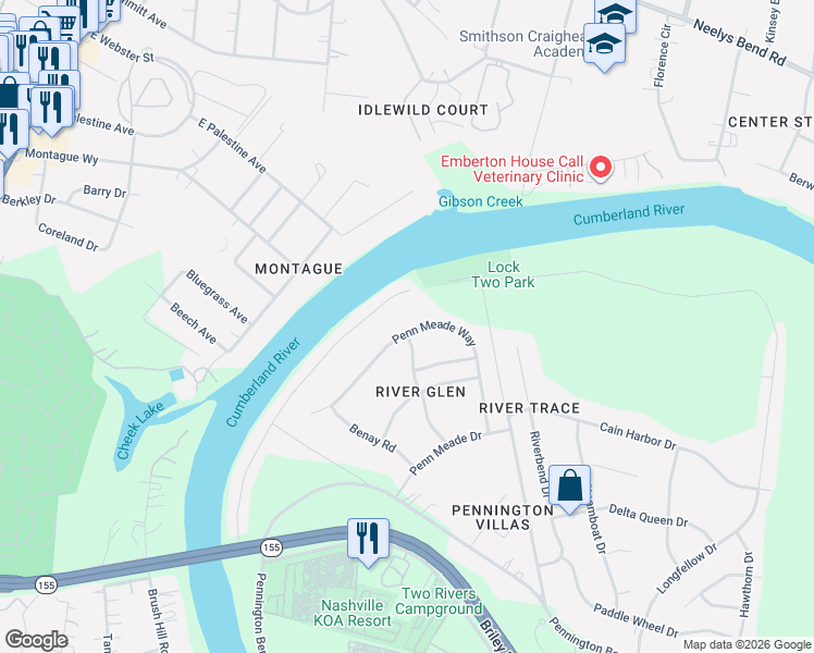 map of restaurants, bars, coffee shops, grocery stores, and more near 3144 Penn Meade Way in Nashville