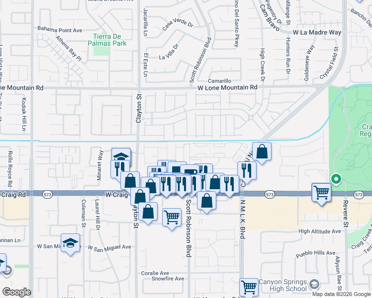 map of restaurants, bars, coffee shops, grocery stores, and more near Chestnut Tiger Street in North Las Vegas