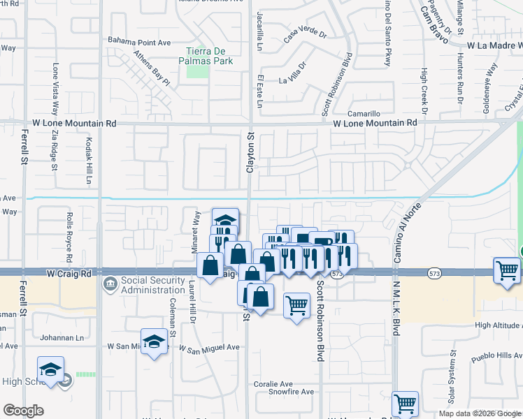 map of restaurants, bars, coffee shops, grocery stores, and more near 4600-4698 Clayton Street in North Las Vegas