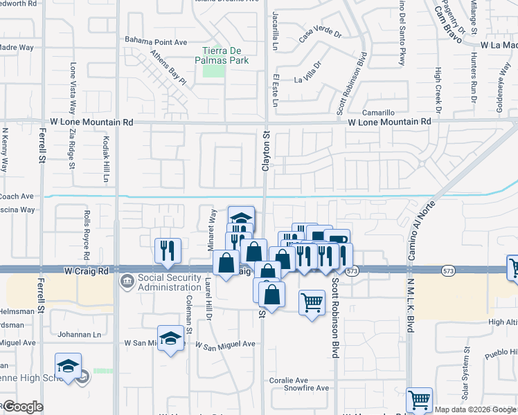 map of restaurants, bars, coffee shops, grocery stores, and more near 2004 Big Boulder Drive in North Las Vegas