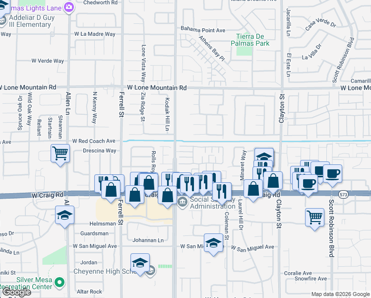 map of restaurants, bars, coffee shops, grocery stores, and more near 2728 Rainy Meadows Avenue in North Las Vegas