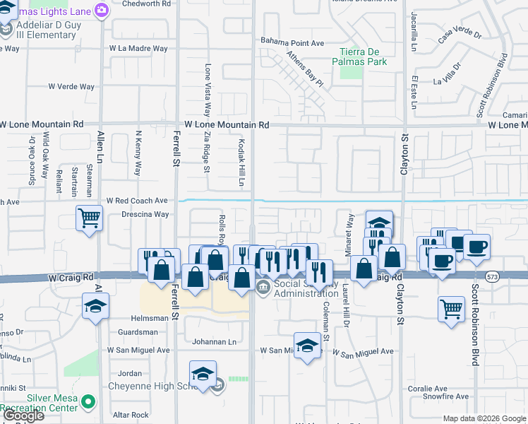 map of restaurants, bars, coffee shops, grocery stores, and more near 2728 Rainy Meadows Avenue in North Las Vegas