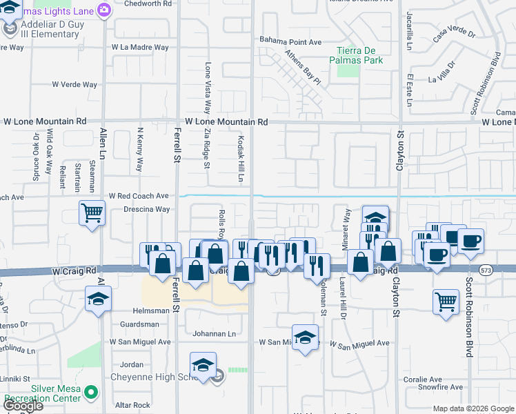 map of restaurants, bars, coffee shops, grocery stores, and more near 2728 Rainy Meadows Avenue in North Las Vegas