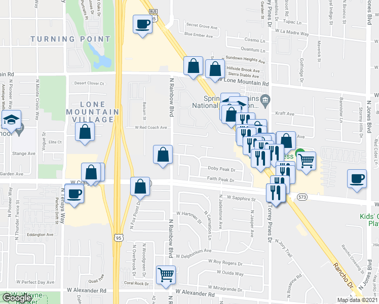 map of restaurants, bars, coffee shops, grocery stores, and more near 6612 Messenger Court in Las Vegas