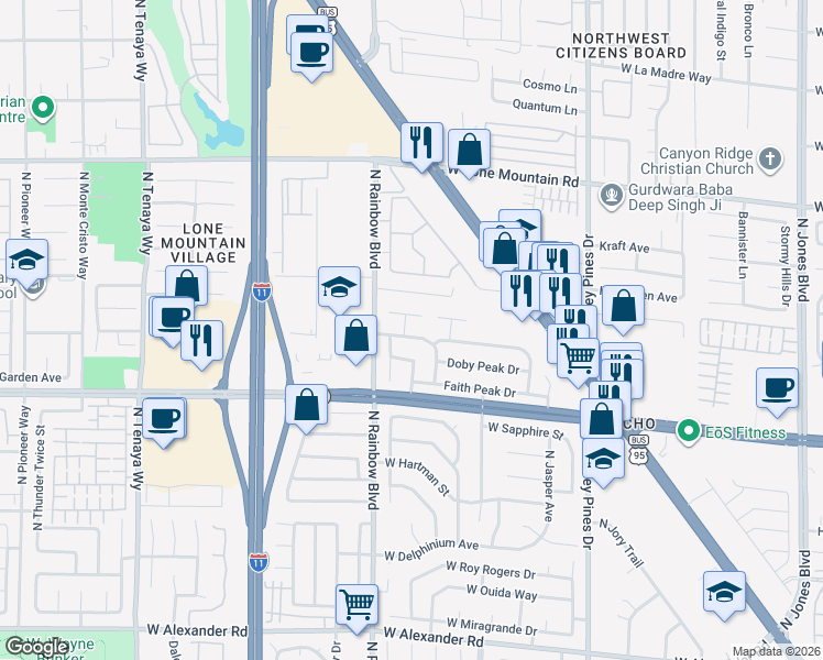 map of restaurants, bars, coffee shops, grocery stores, and more near 6612 Messenger Court in Las Vegas