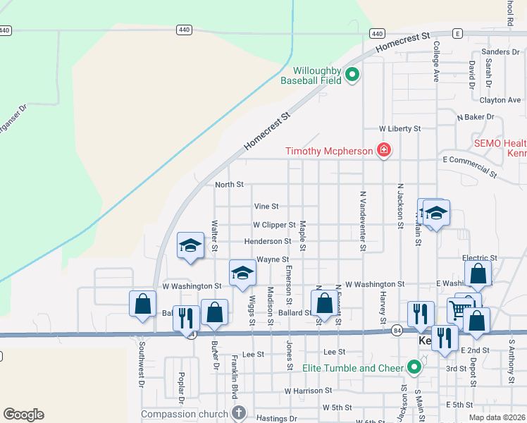 map of restaurants, bars, coffee shops, grocery stores, and more near 814 Vine St in Kennett