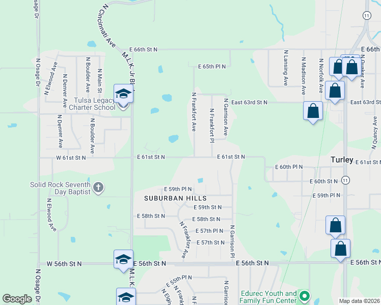 map of restaurants, bars, coffee shops, grocery stores, and more near 6105 North Frankfort Avenue in Tulsa