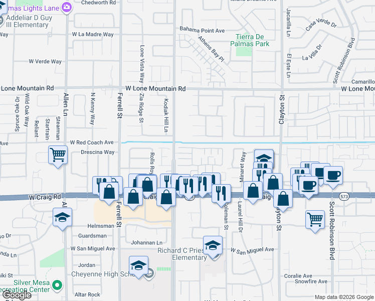 map of restaurants, bars, coffee shops, grocery stores, and more near 2728 Rainy Meadows Avenue in North Las Vegas