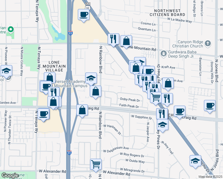 map of restaurants, bars, coffee shops, grocery stores, and more near 6612 Wheelbarrow Peak Drive in Las Vegas