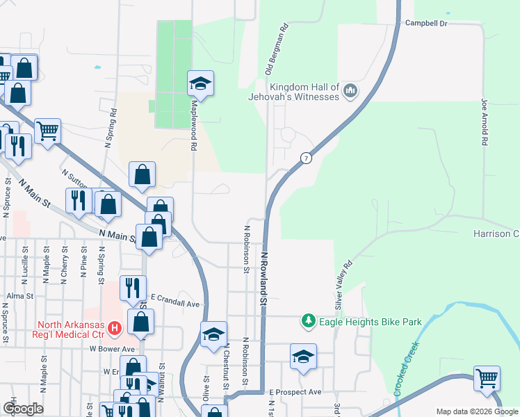 map of restaurants, bars, coffee shops, grocery stores, and more near 1108 Old Bergman Road in Harrison