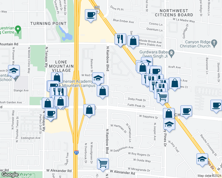 map of restaurants, bars, coffee shops, grocery stores, and more near 6644 Wheelbarrow Peak Drive in Las Vegas