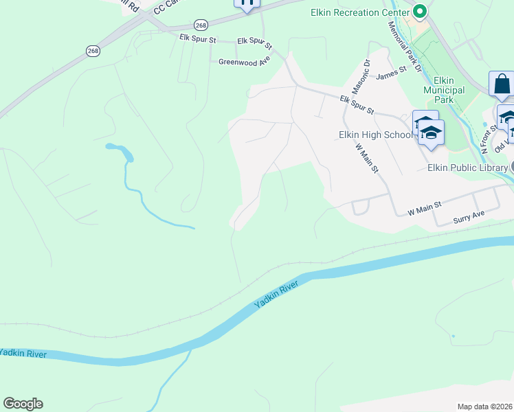 map of restaurants, bars, coffee shops, grocery stores, and more near 220 South Street in Elkin