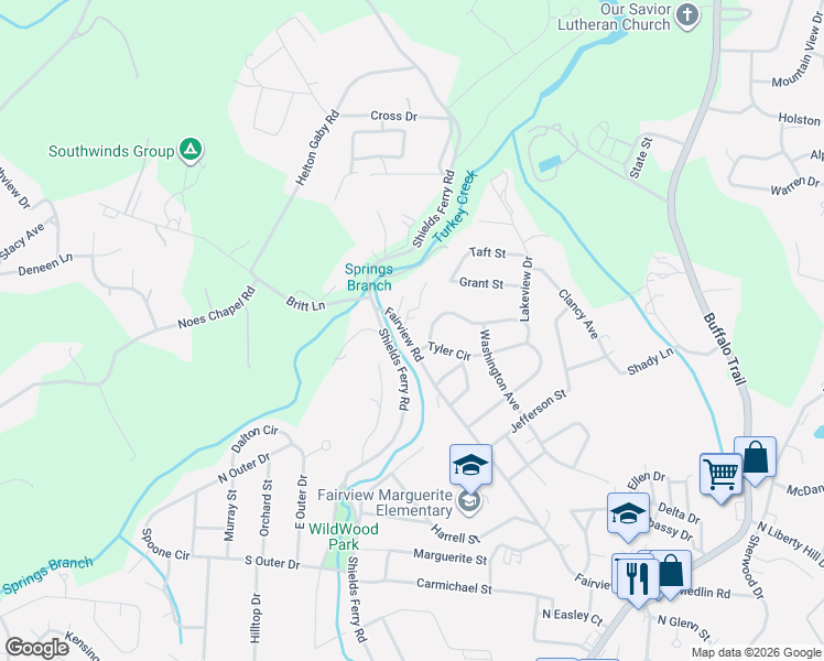 map of restaurants, bars, coffee shops, grocery stores, and more near 2586 Fairview Road in Morristown