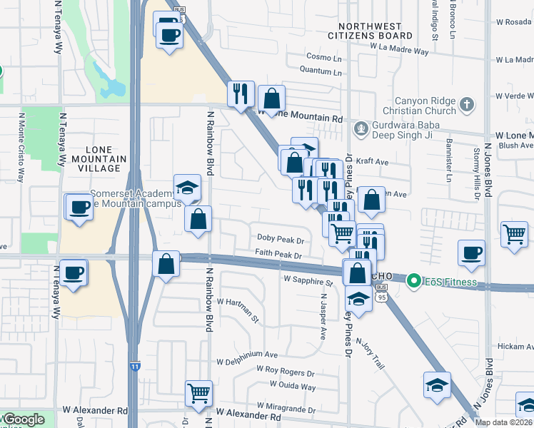 map of restaurants, bars, coffee shops, grocery stores, and more near 6524 Romance Circle in Las Vegas