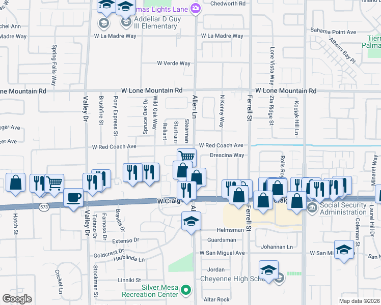 map of restaurants, bars, coffee shops, grocery stores, and more near 4540 Strato Jet Way in North Las Vegas