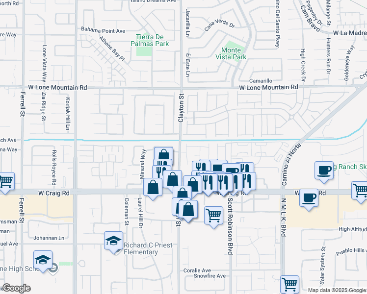 map of restaurants, bars, coffee shops, grocery stores, and more near 4545 Anspach Street in North Las Vegas
