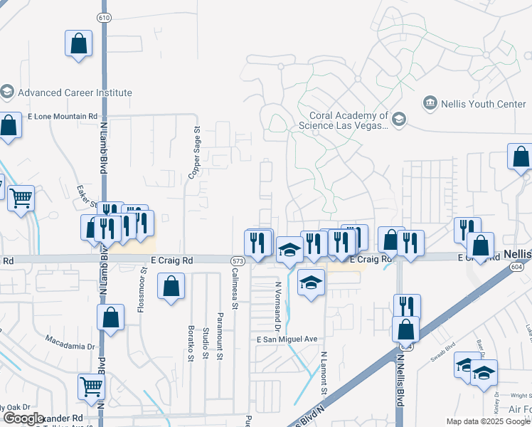 map of restaurants, bars, coffee shops, grocery stores, and more near 4730 East Craig Road in Las Vegas
