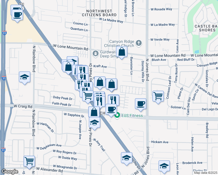 map of restaurants, bars, coffee shops, grocery stores, and more near 6240 Sierra Pines Court in Las Vegas
