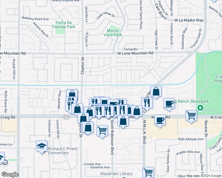 map of restaurants, bars, coffee shops, grocery stores, and more near 4578 Cloudrest Peak Street in North Las Vegas