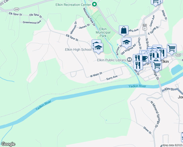 map of restaurants, bars, coffee shops, grocery stores, and more near 528 West Main Street in Elkin