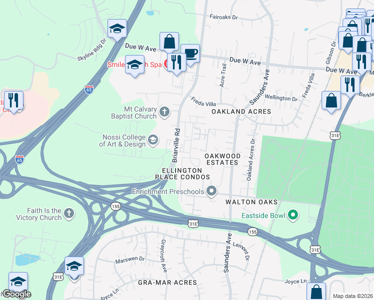 map of restaurants, bars, coffee shops, grocery stores, and more near 1331 Briarville Road in Nashville