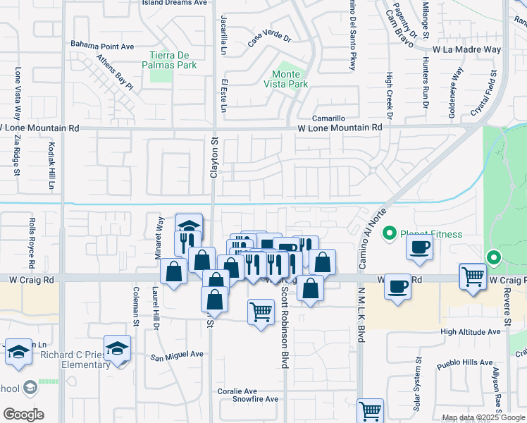 map of restaurants, bars, coffee shops, grocery stores, and more near Clayton Street in North Las Vegas